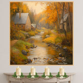 Fall Serenity – Village Homes and River Under Autumn Leaves on Ready to Hang 1.5" Thick Canvas Wrap, Floating Framed Canvas, Flat Rolled Canvas
